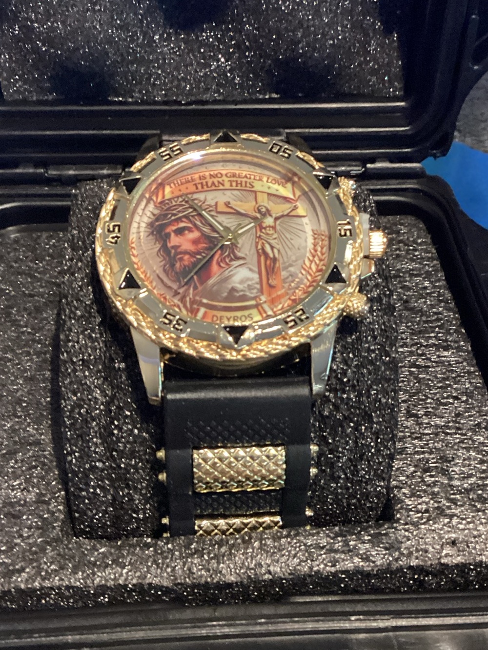 Gold-Tone Men’s Religious Dial Watch with Black Strap by DEYROS